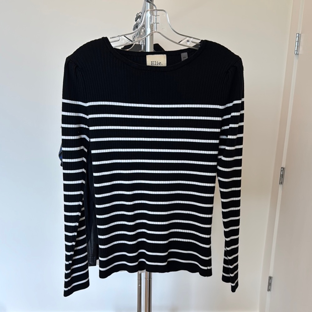 Elie Tahari Black and White Striped Crewneck Sweater